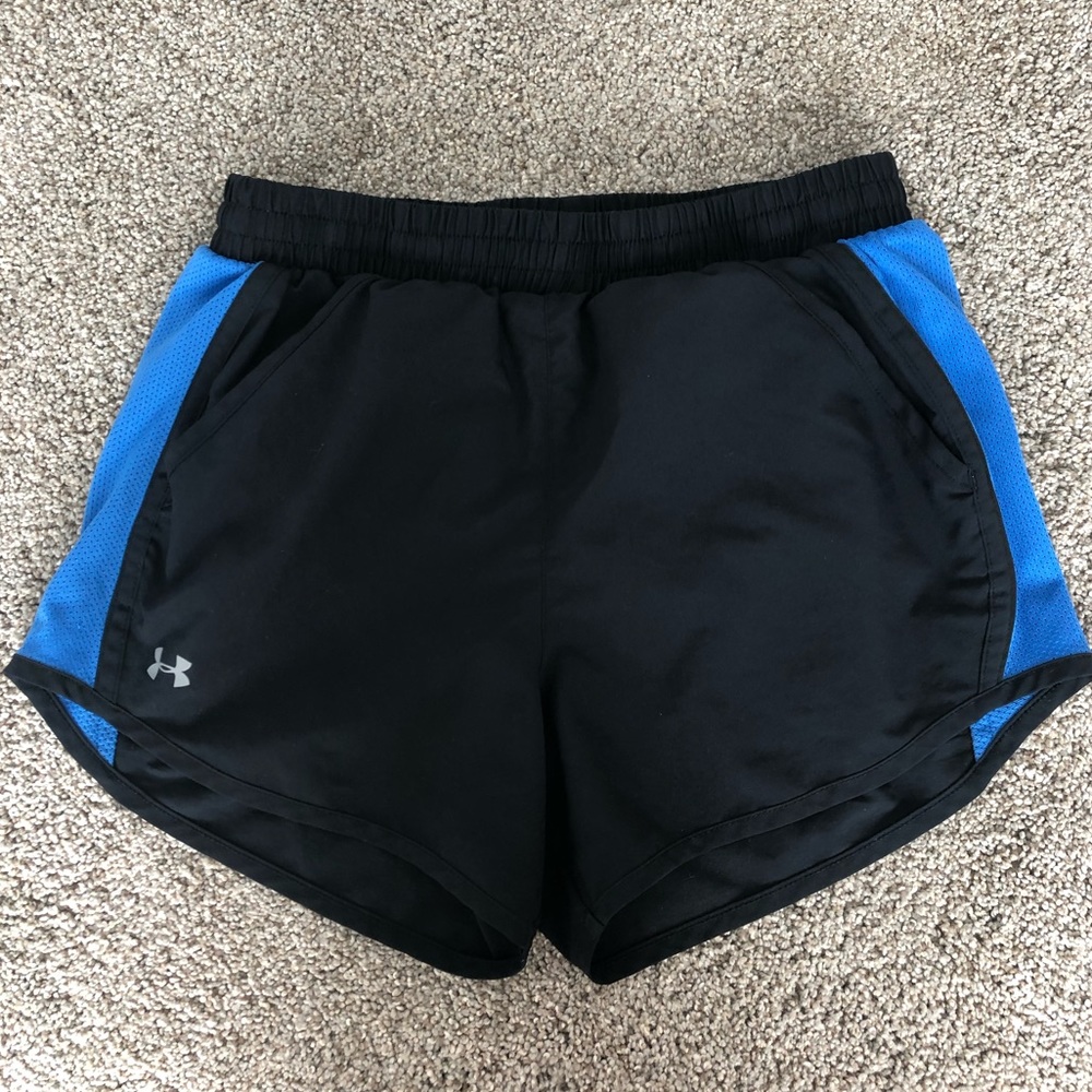 Black and blue athletic shorts with pockets